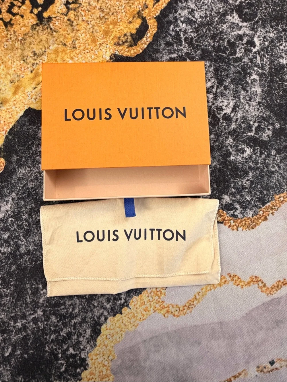 Louis Vuitton Orange Box with Beige Dust Pouch for men’s wallets